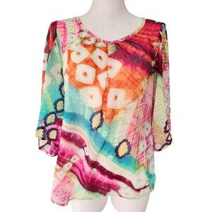 Conrad C Multicolor Sheer Abstract Art to Wear Tunic Blouse Top Size S